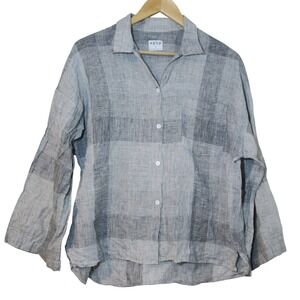 Esby Button Down Linen Shirt Grid‎ Plaid Top Lagenlook